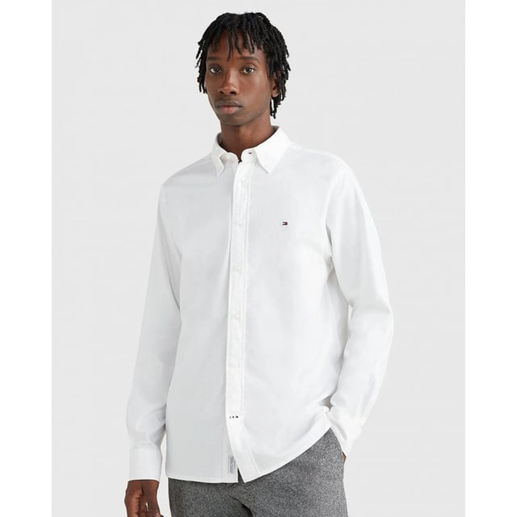 Tommy Hilfiger Core 1985 Flex Mens Long Sleeve Oxford Shirt - White Cotton - Size X-Large